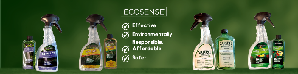 Several bottles of ecosense are lined up on a green background