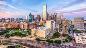 An aerial view of the city skyline of dallas , texas.