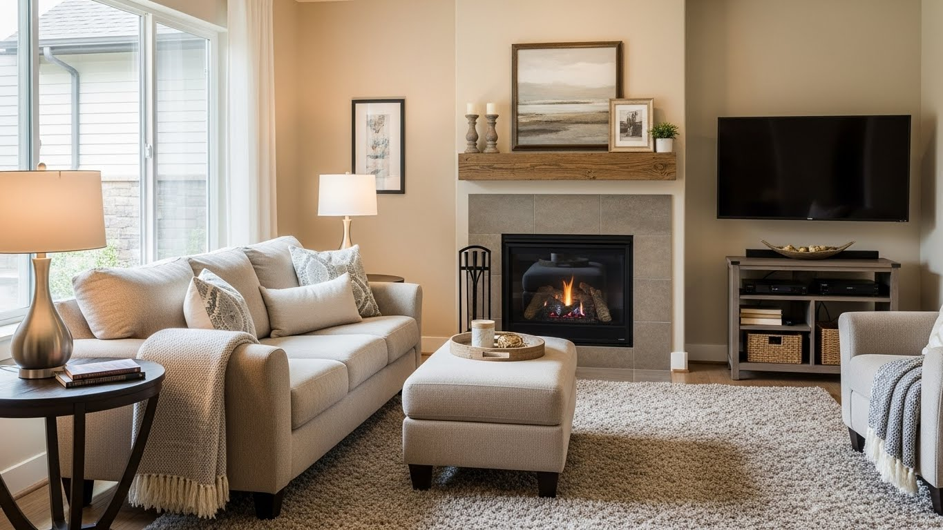 A living room with a couch , ottoman , television and fireplace.