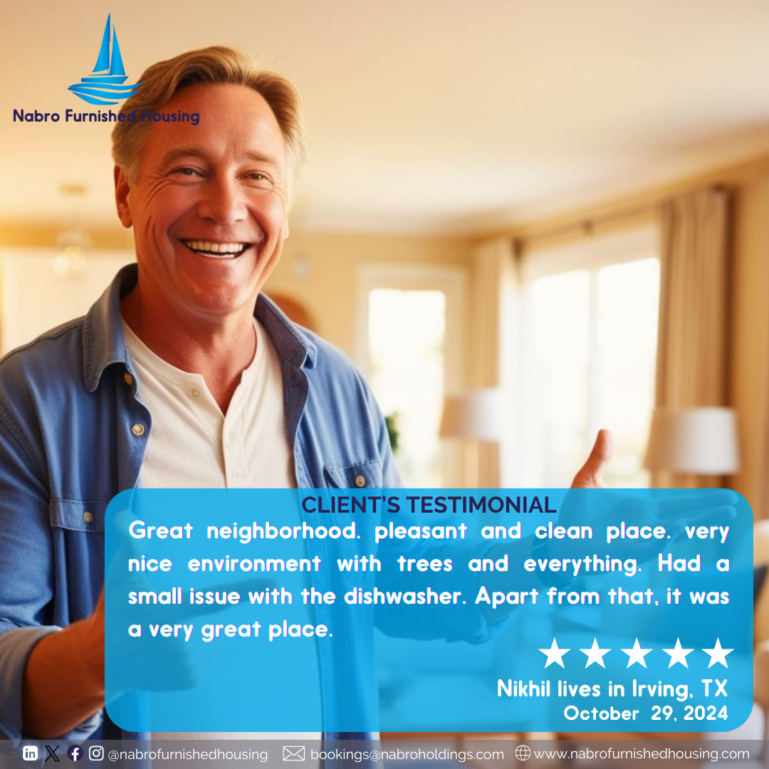 A man is smiling in a living room with a client 's testimonial