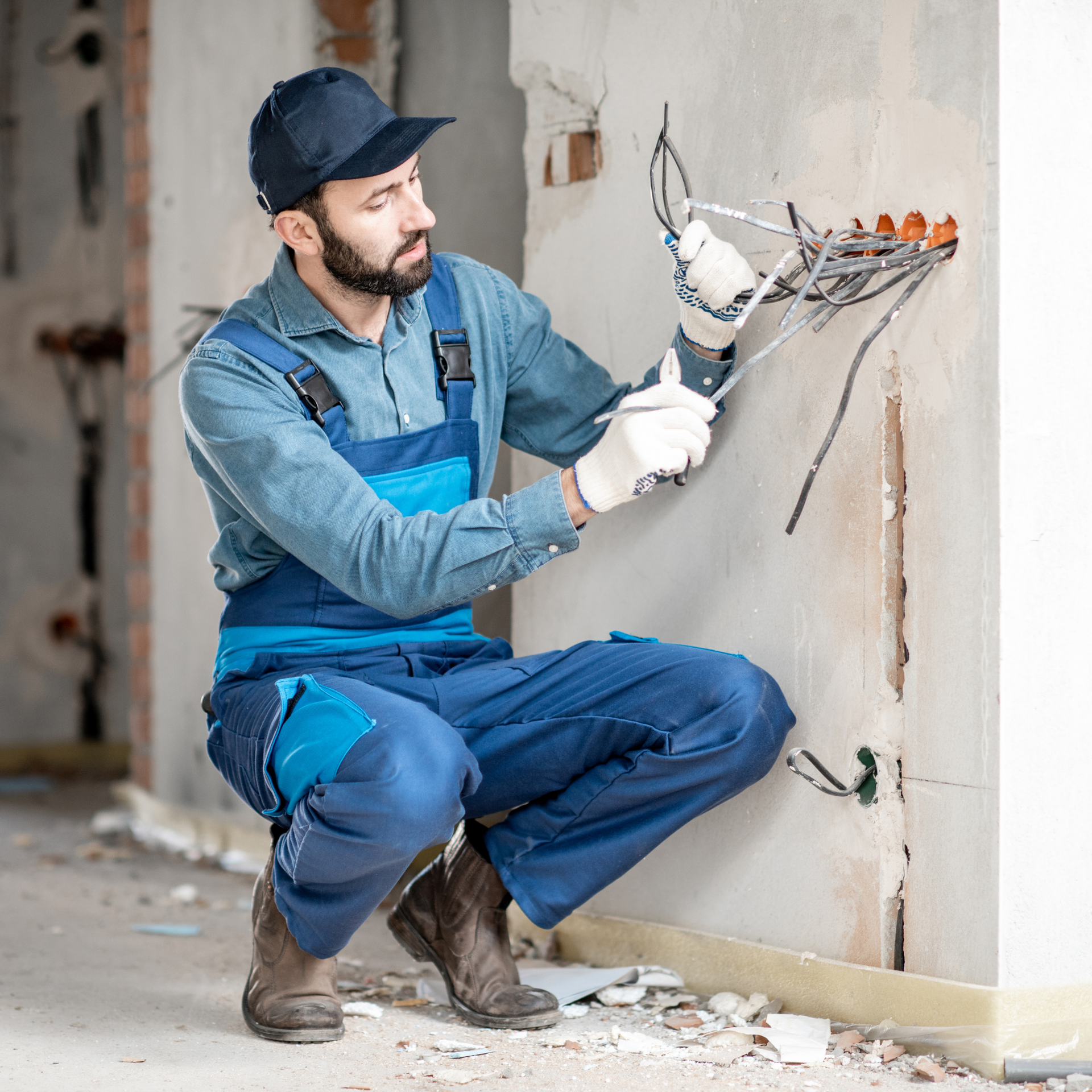 Electrician in blue overalls and gloves working on wires inside a building.