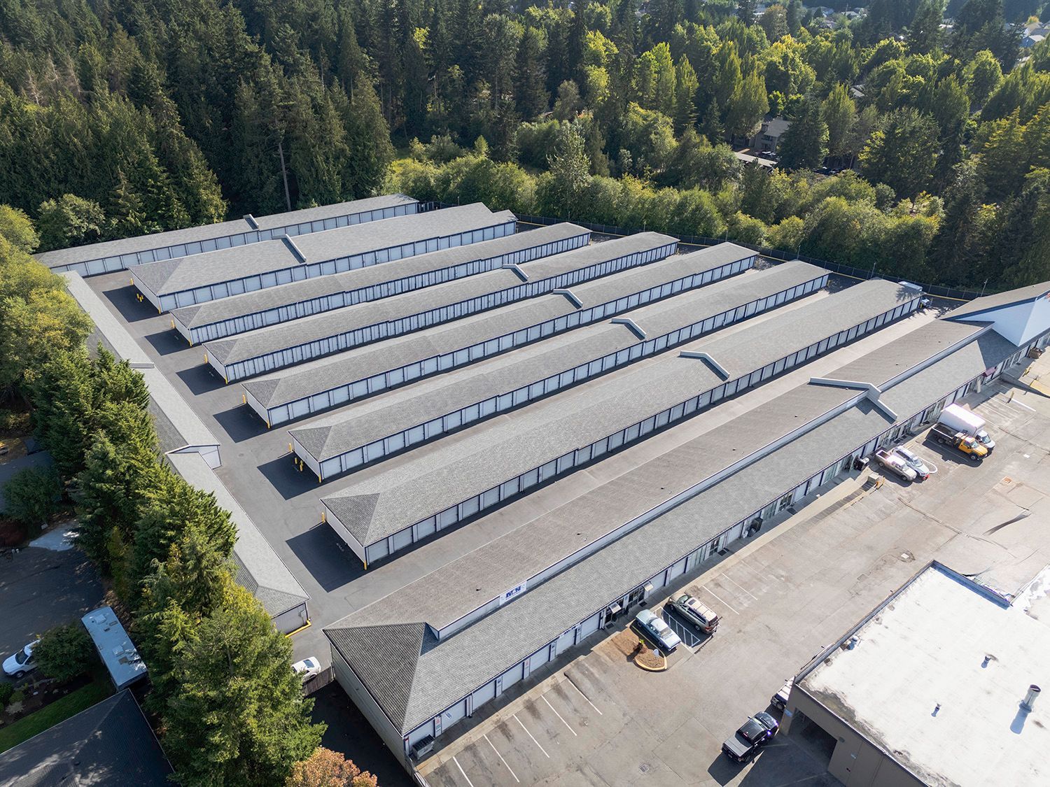 Aerial view of Everett Mall Mini Storage showing drive up storage units and secure gated facility in Everett Washington