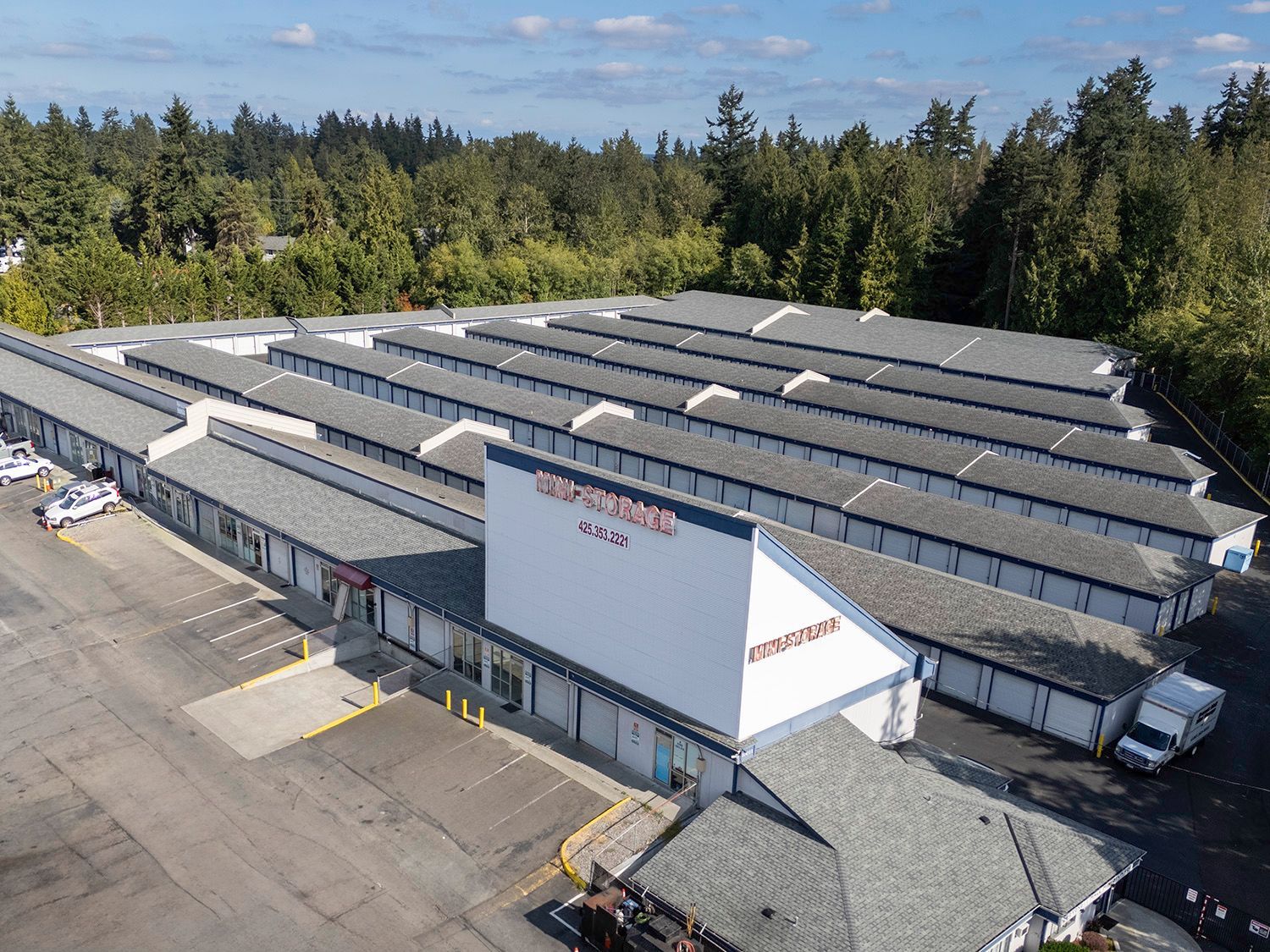 Aerial view of Everett Mall Mini Storage facility with drive up units in Everett Washington