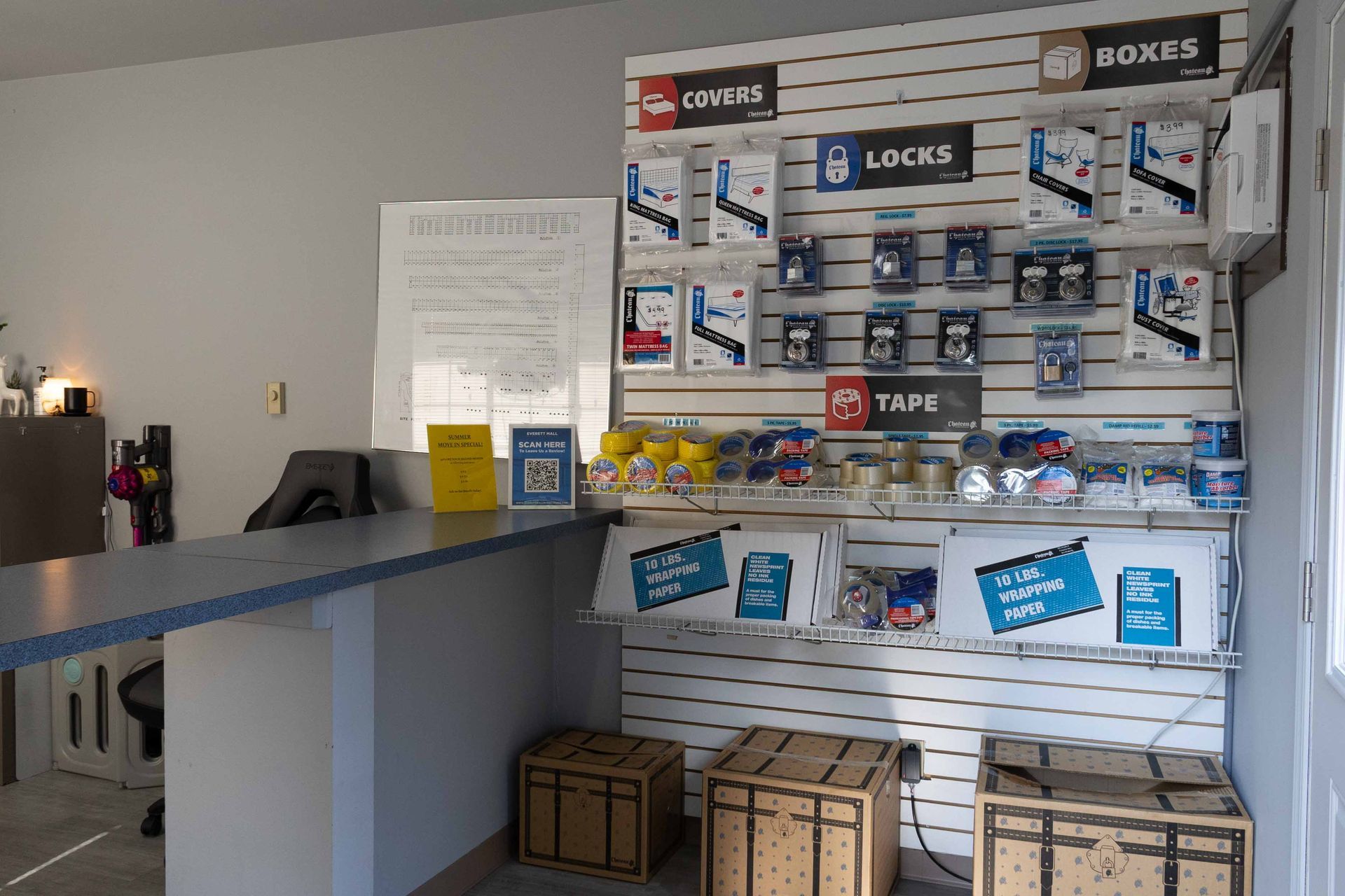 Storage office interior with moving boxes and packing supplies in Everett WA