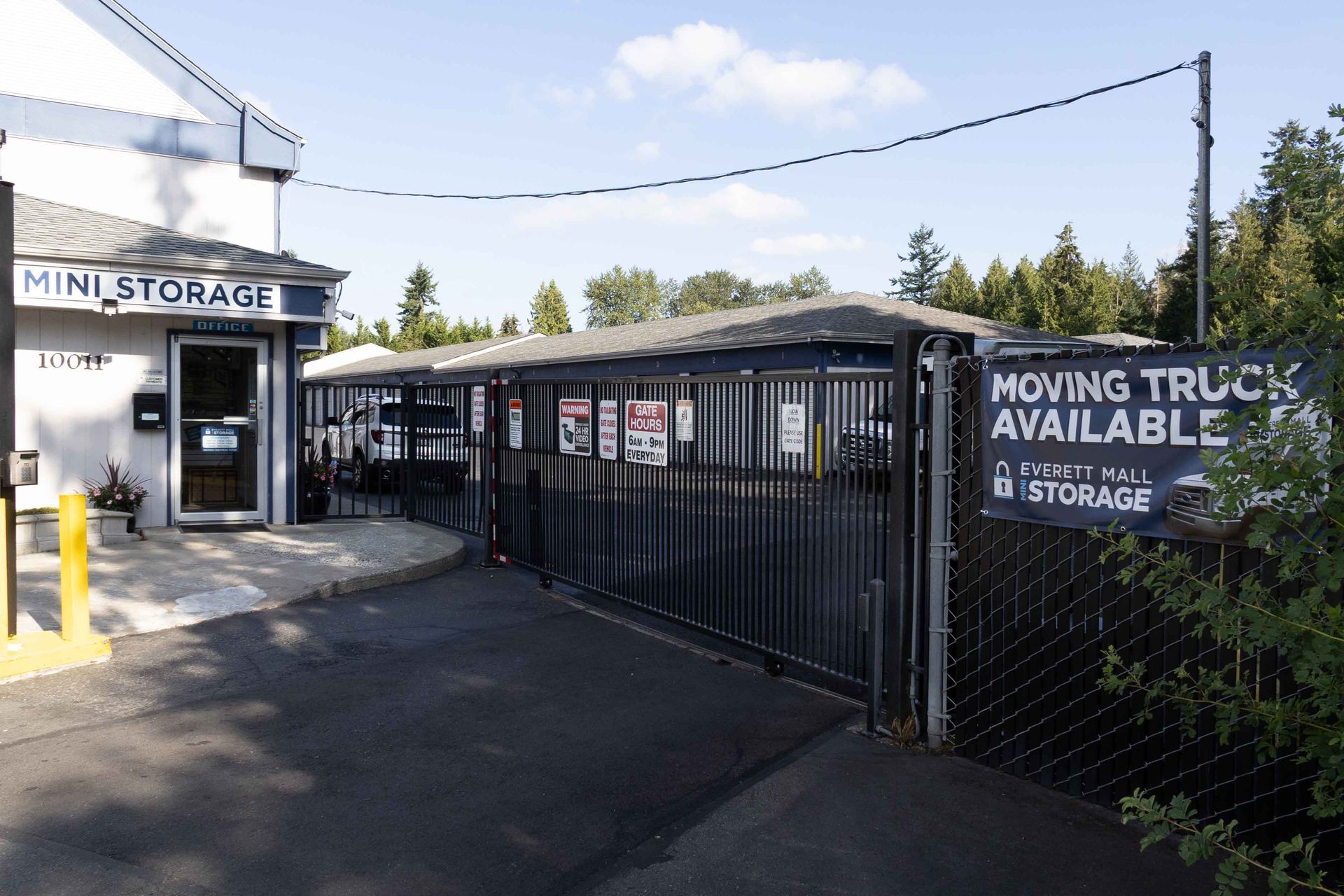 Front entrance and gated access at Everett Mall Mini Storage in Everett WA