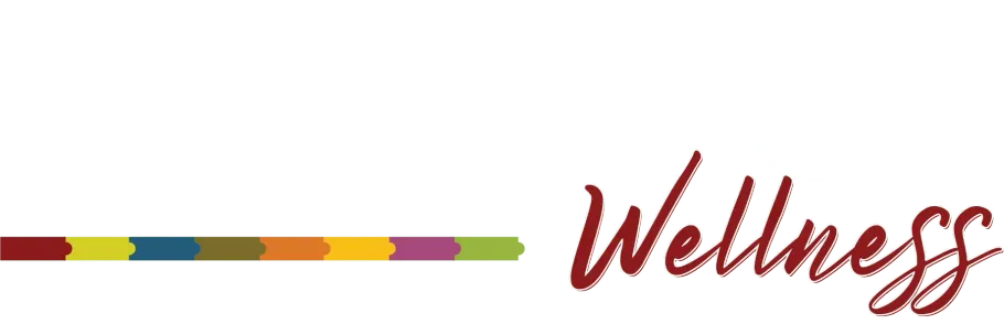 A logo for a wellness center with a colorful line and the word wellness.