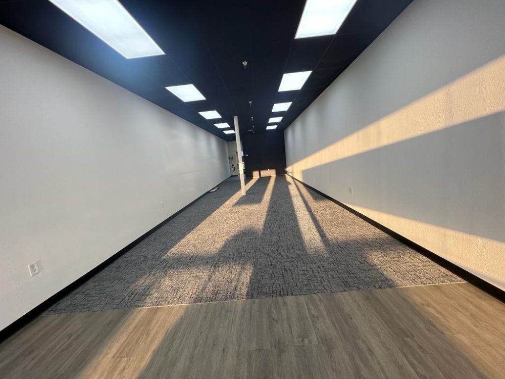 Long, empty retail space with white walls, black ceiling, carpeted floor, and sunlight.
