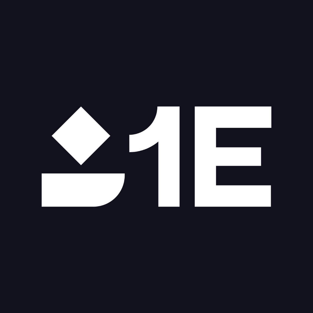 a white logo on a black background with the number 1e .