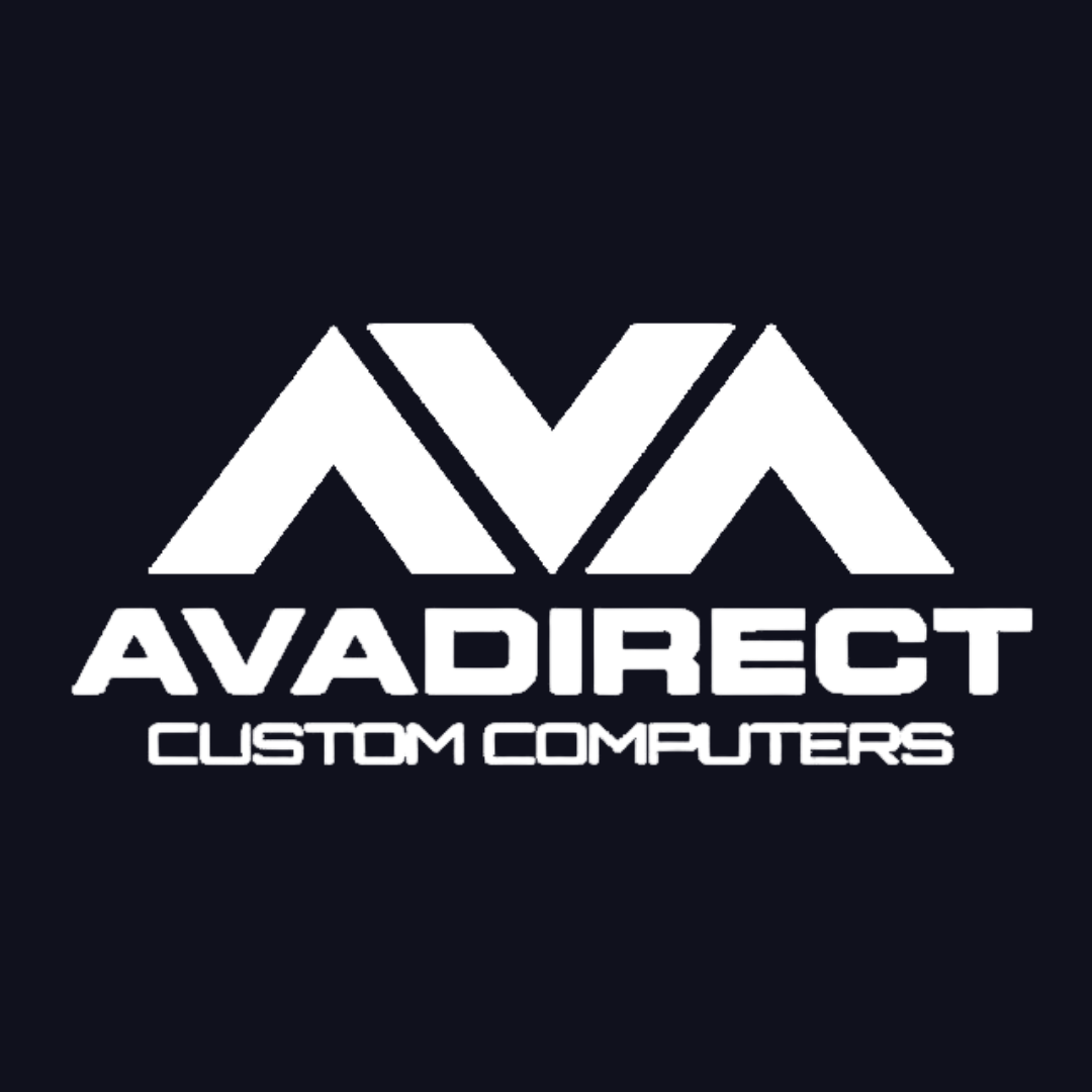 a logo for ava direct custom computers on a black background