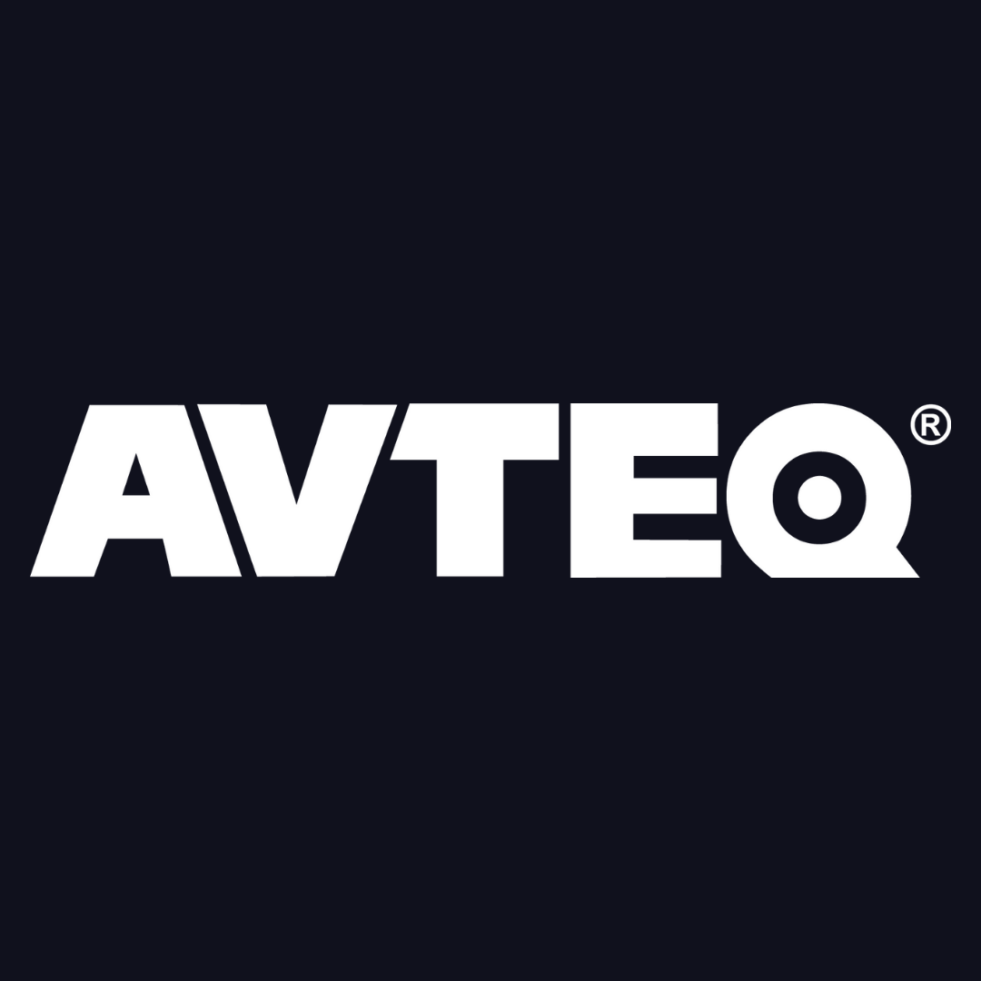 the avteq logo is white on a black background