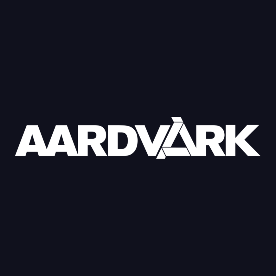 the aardvark logo is white on a black background .