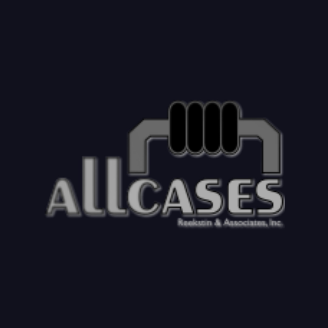 a dark blue background with a logo for all cases