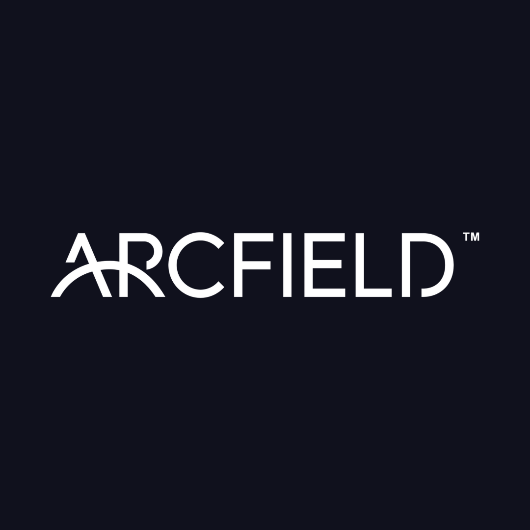 the logo for arcfield is white on a dark blue background .