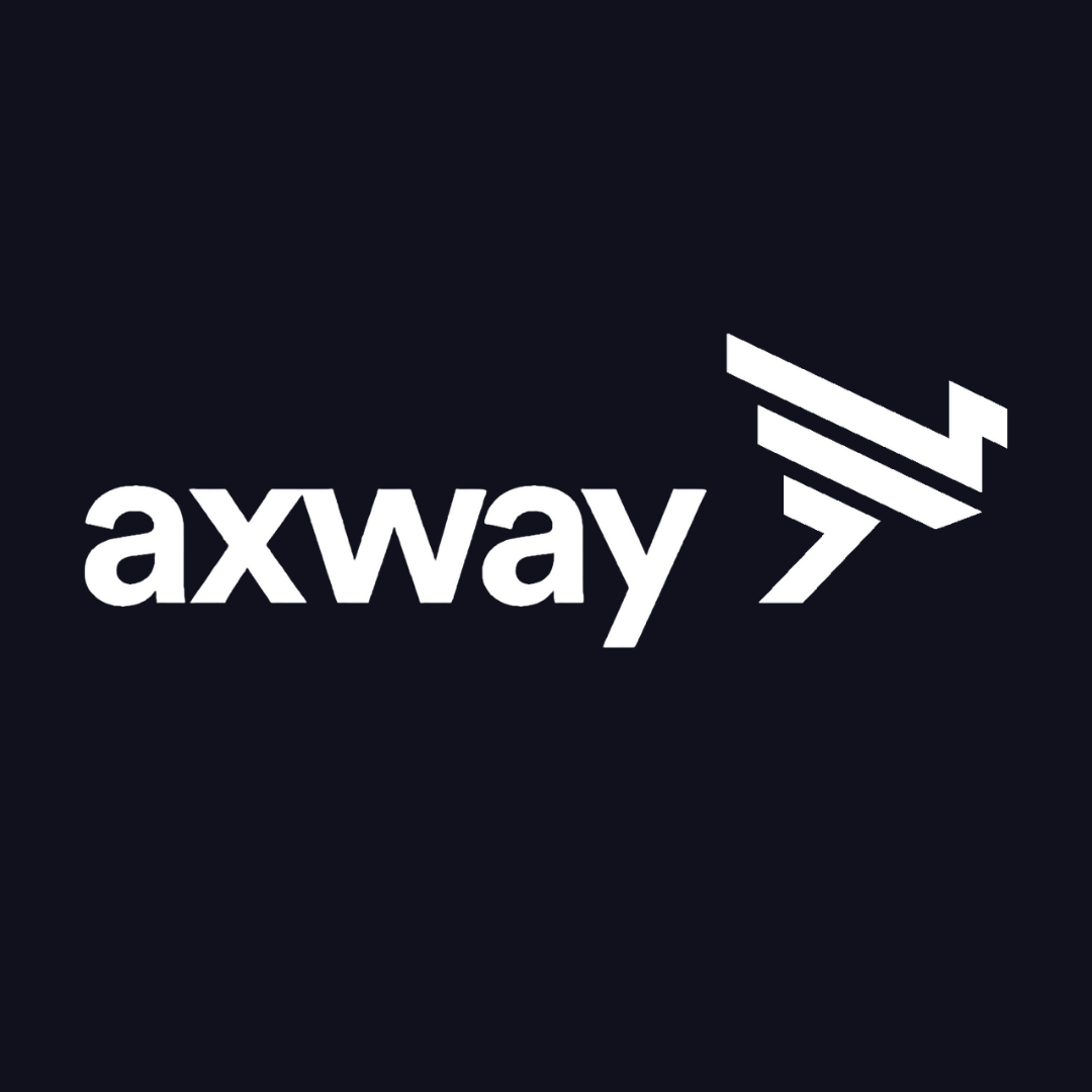 the axway logo is white on a black background .
