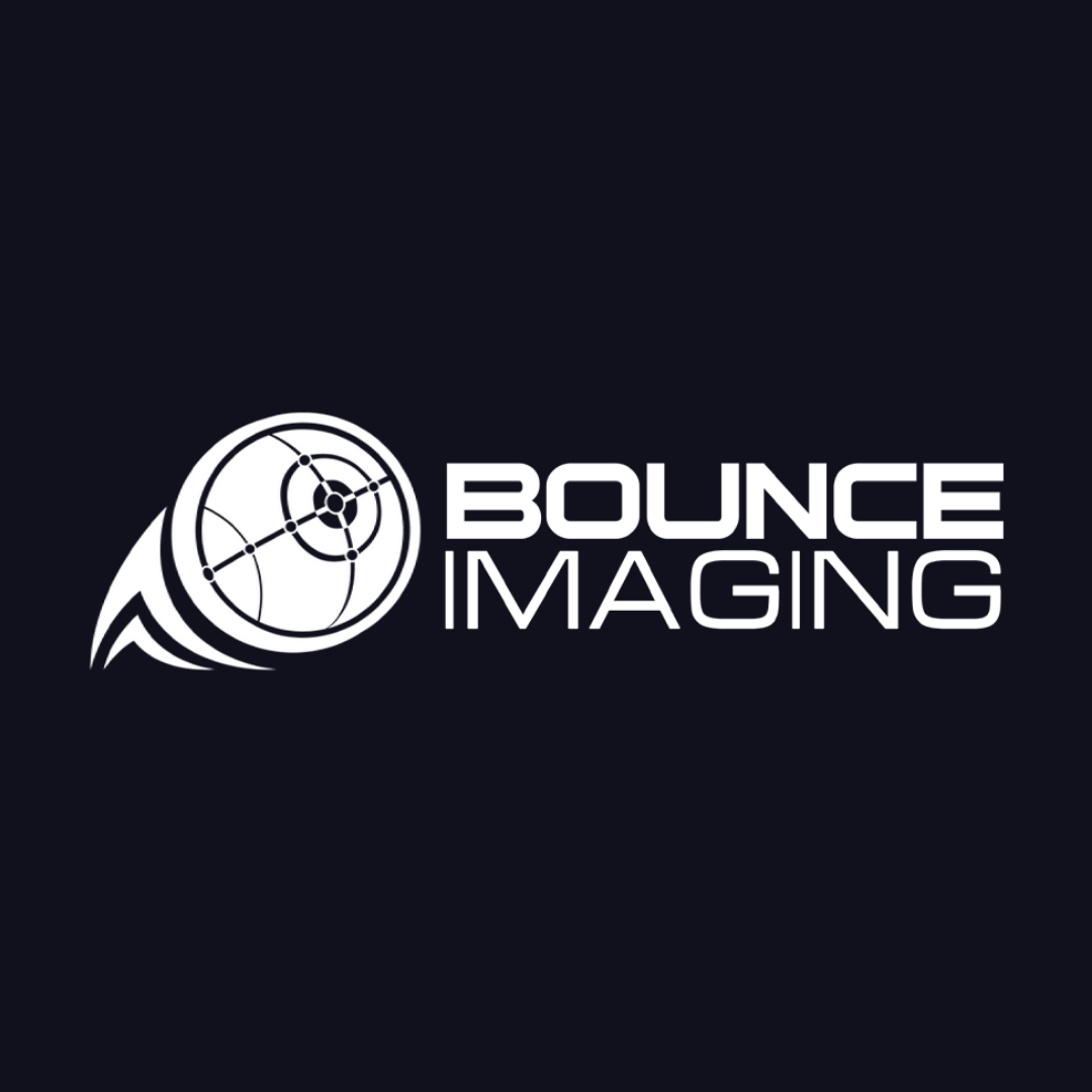 the logo for bounce imaging is white on a dark blue background .