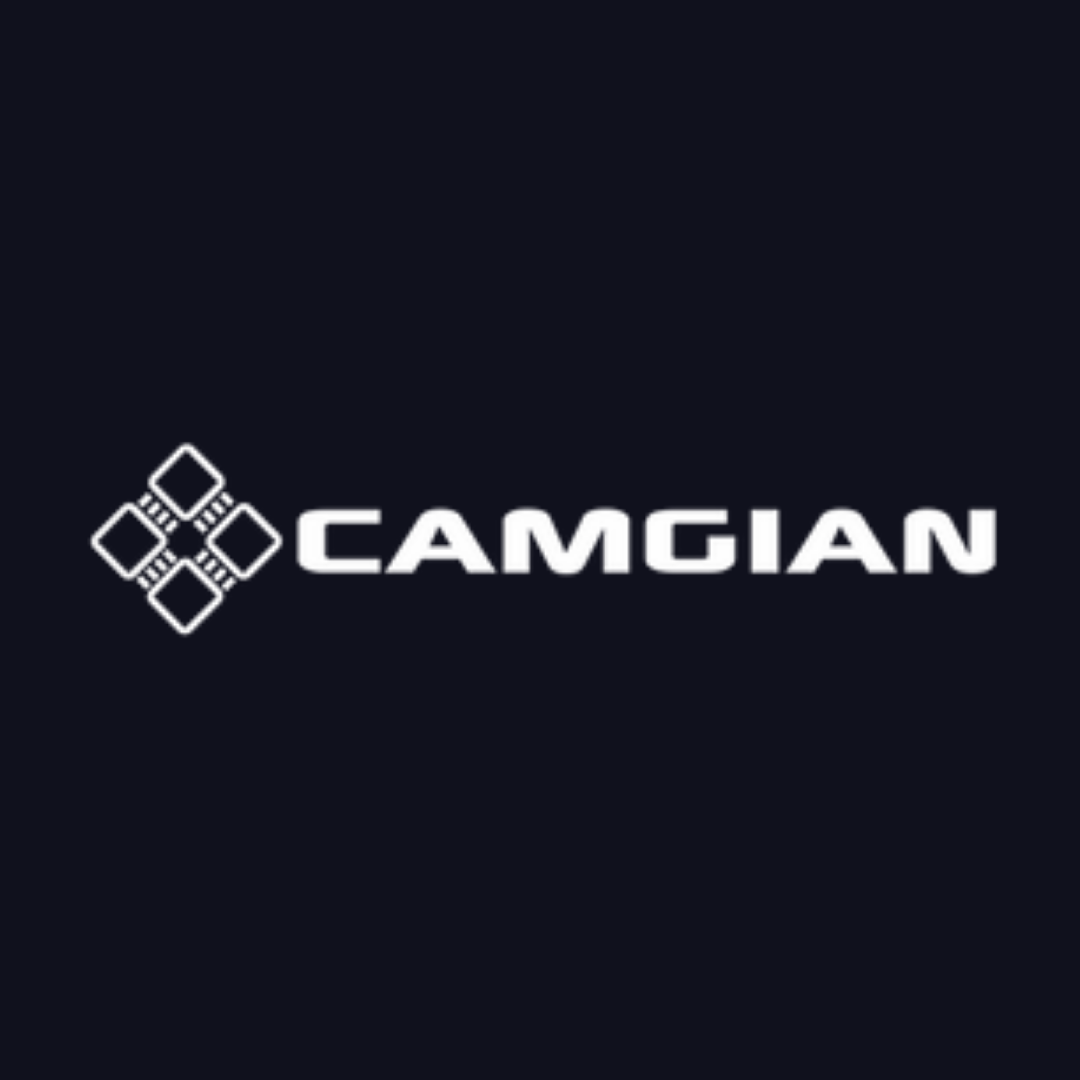 the camgian logo is on a dark blue background