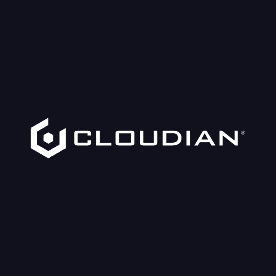 the cloudian logo is white on a dark blue background .