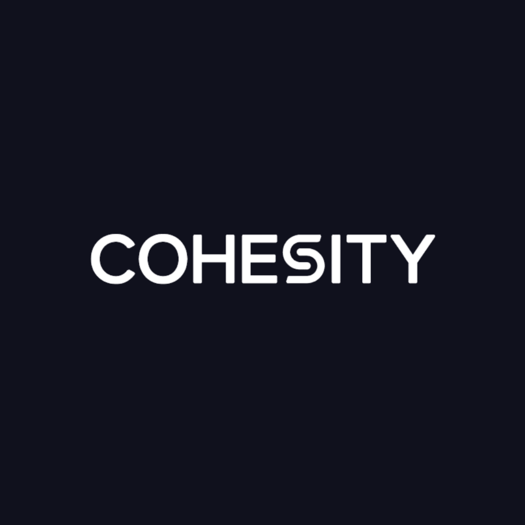 the word cohesity is written in white on a dark blue background .