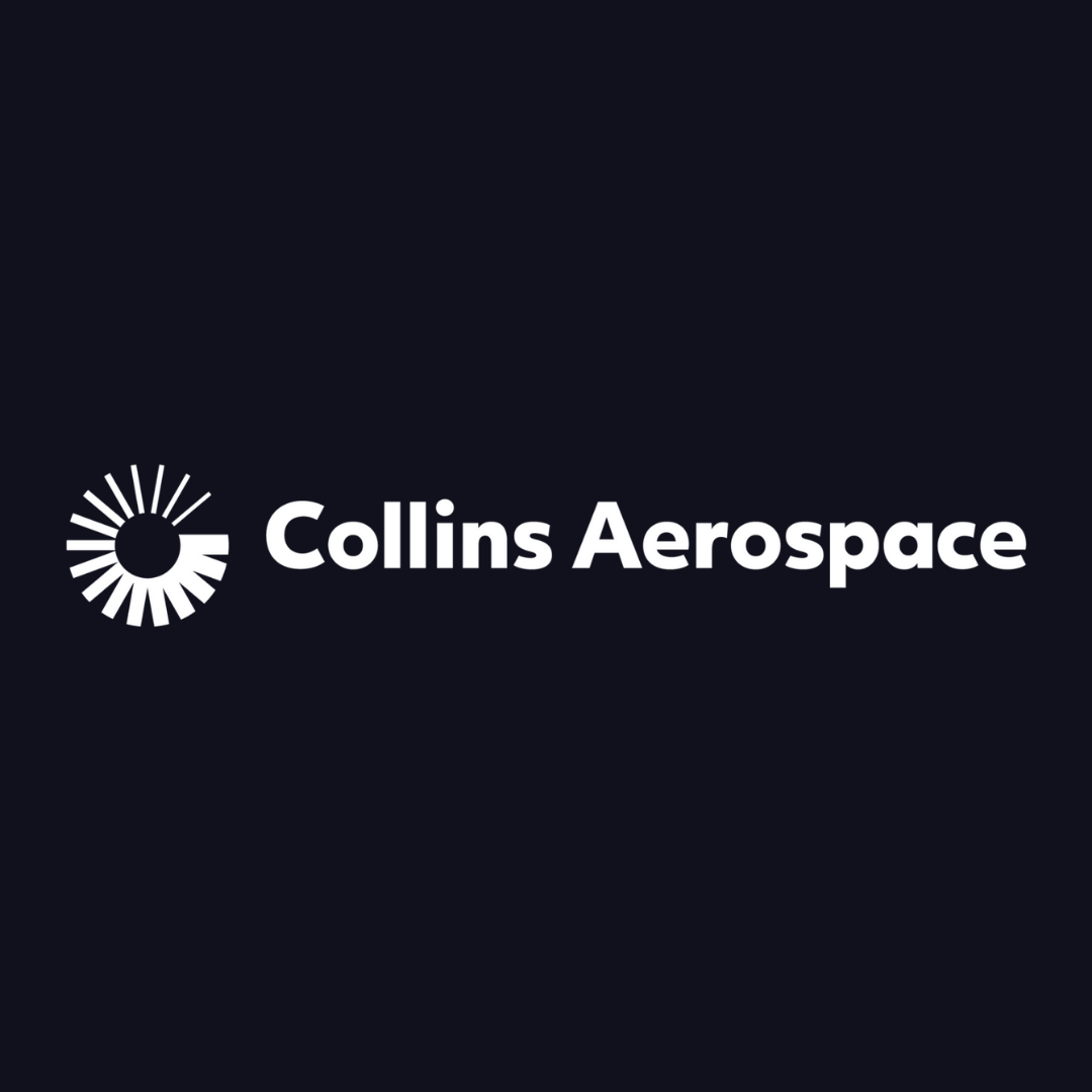 the collins aerospace logo is white on a dark blue background .