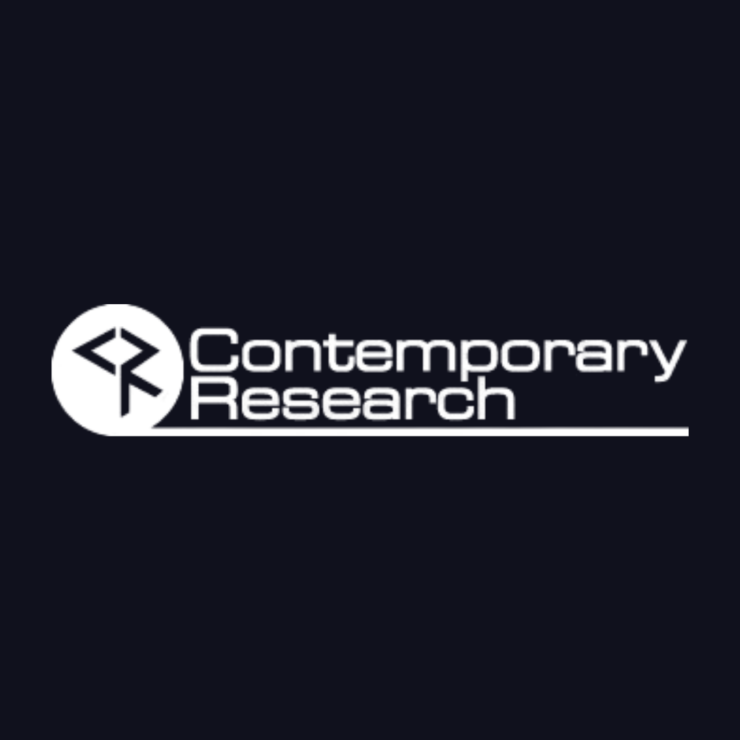 a logo for contemporary research on a dark blue background