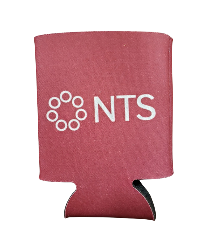 A red can holder with the word nts on it