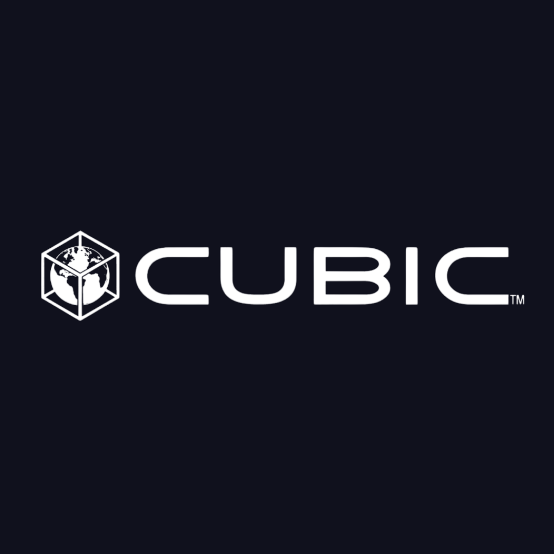 the cubic logo is white on a dark blue background .