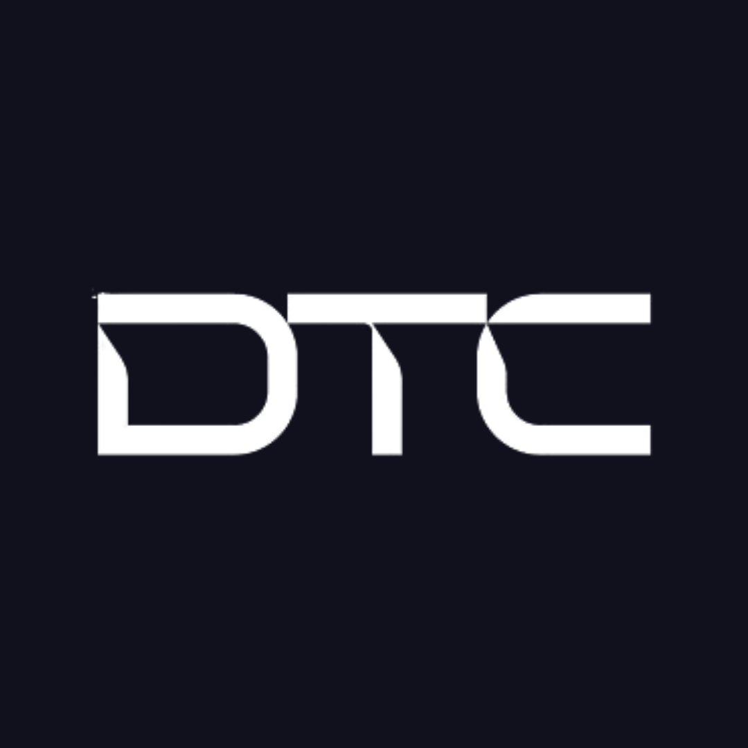 the dtc logo is white on a black background .