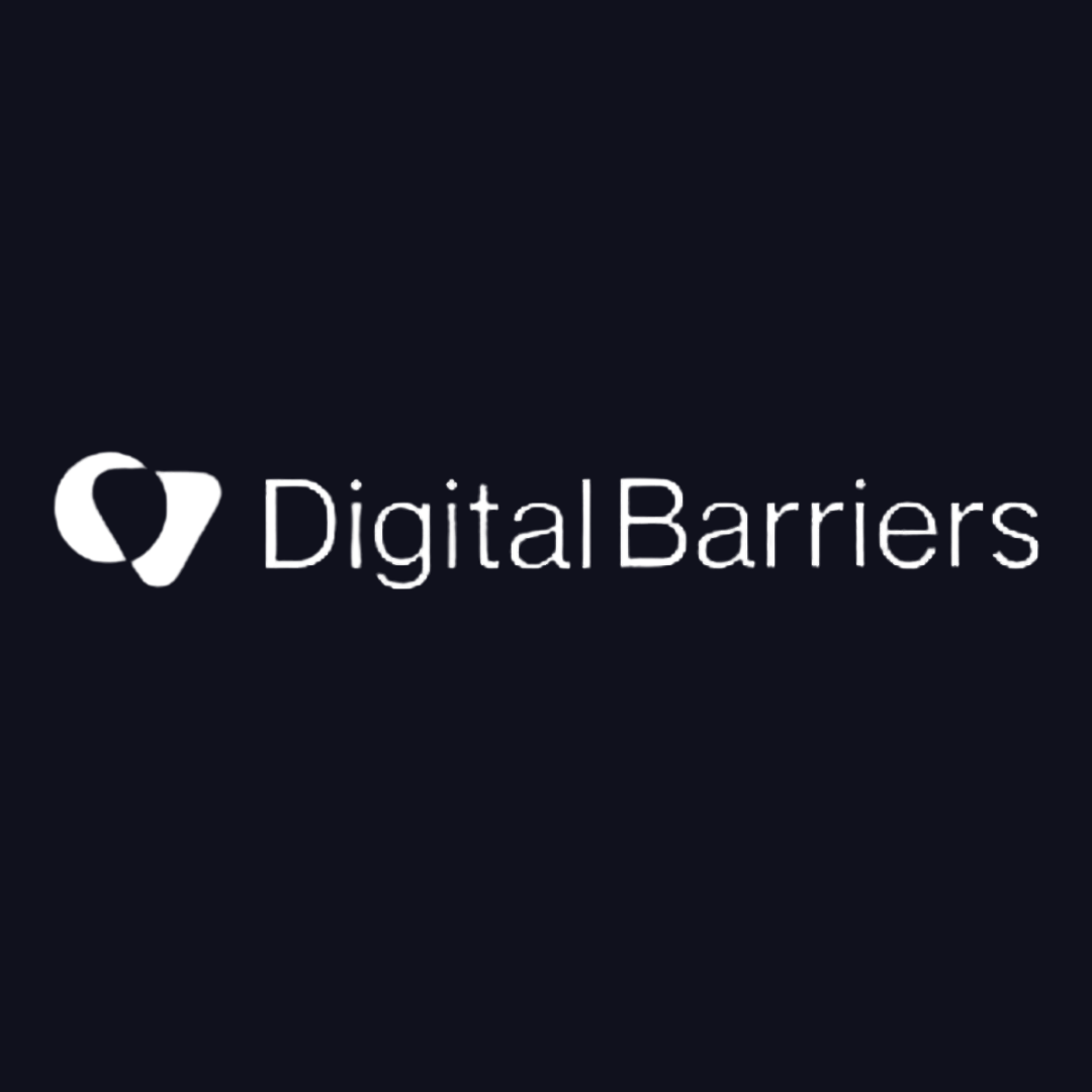 the digital barriers logo is on a dark blue background .