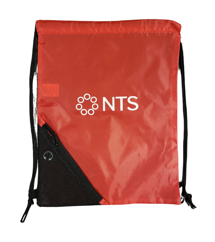 A red drawstring bag that says nts on it