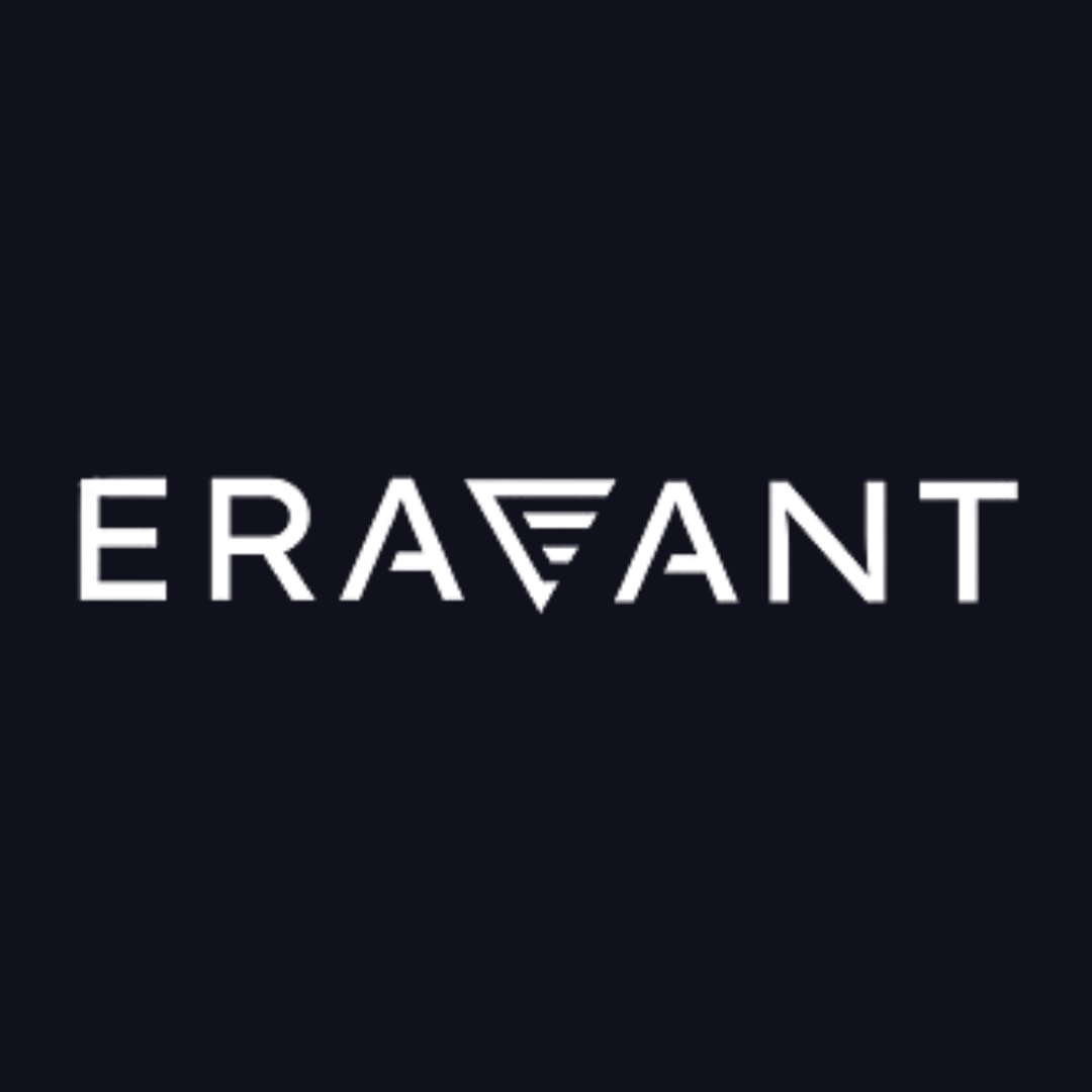 the eravant logo is white on a black background .