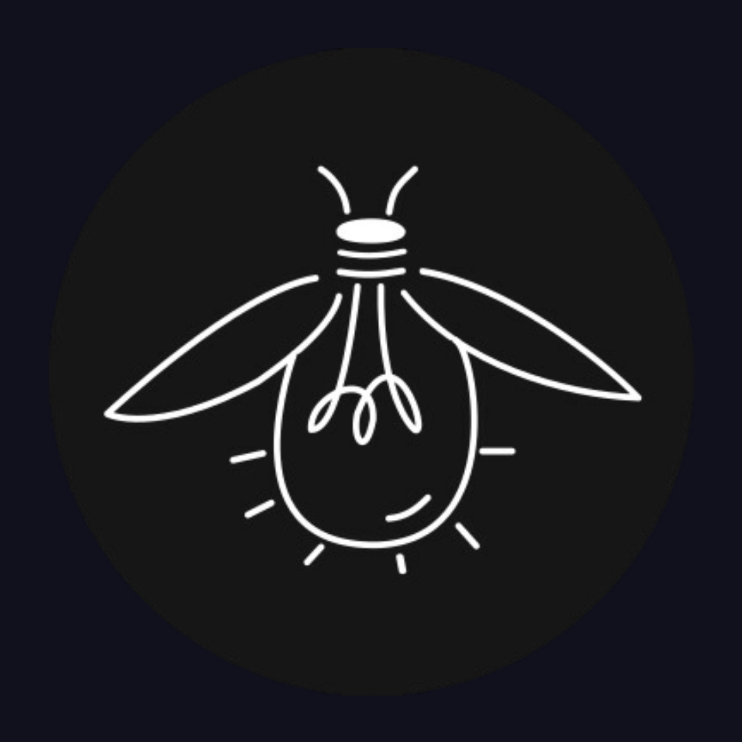 a white line drawing of a firefly with a light bulb inside of it .
