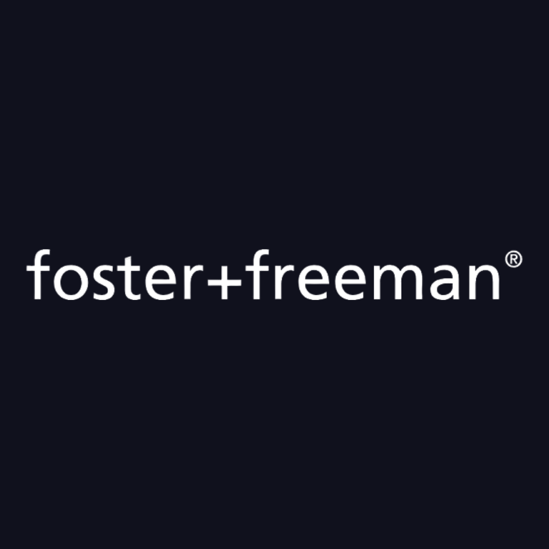 the logo for foster + freeman is on a dark blue background .