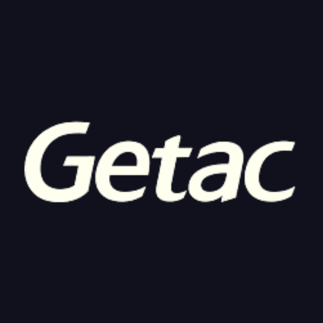 the getac logo is white on a black background .