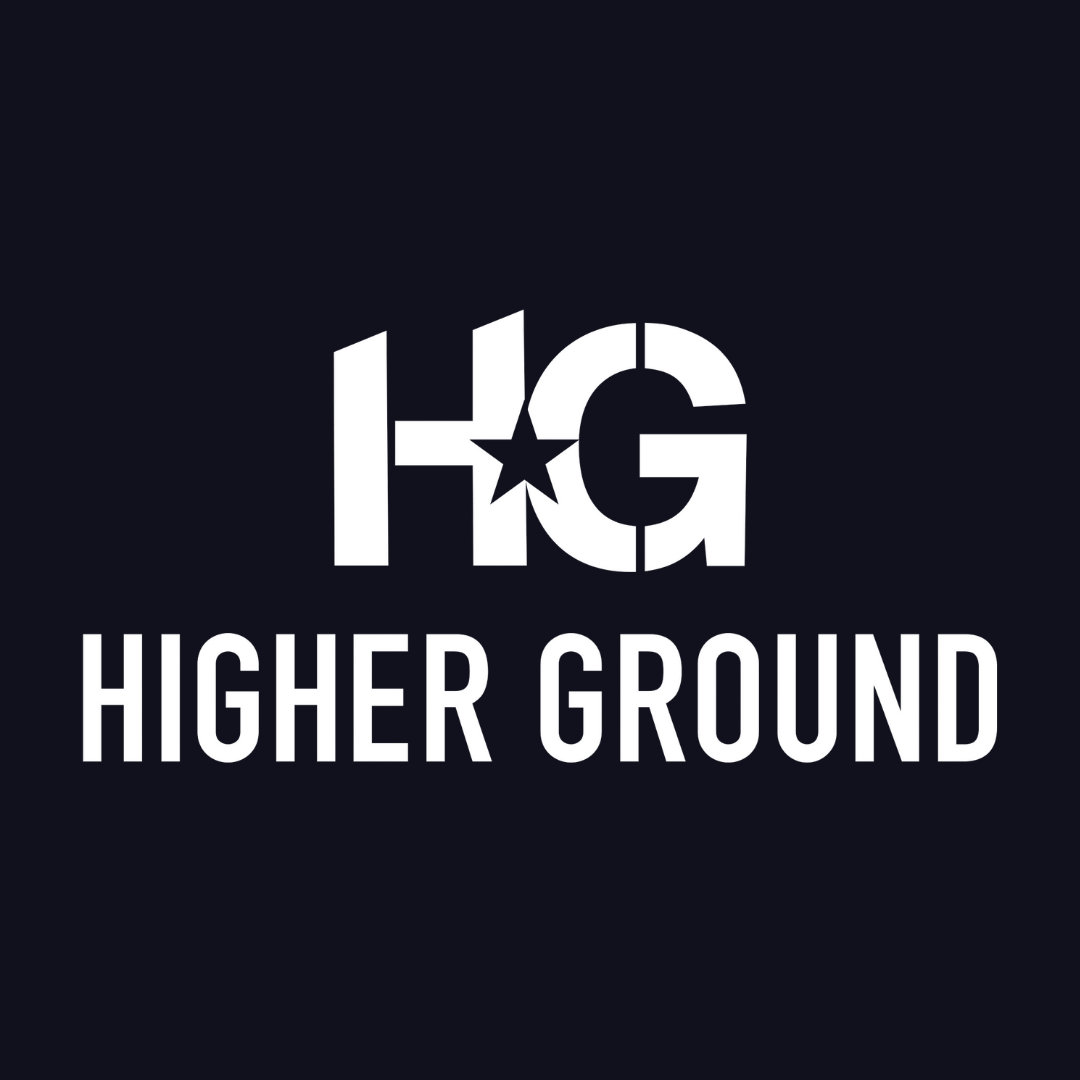 the logo for higher ground is white on a black background .
