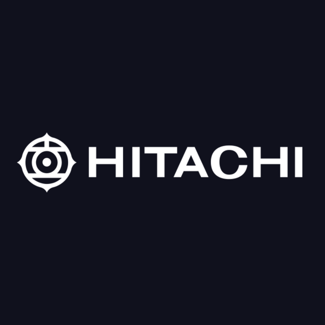 the hitachi logo is white on a black background .