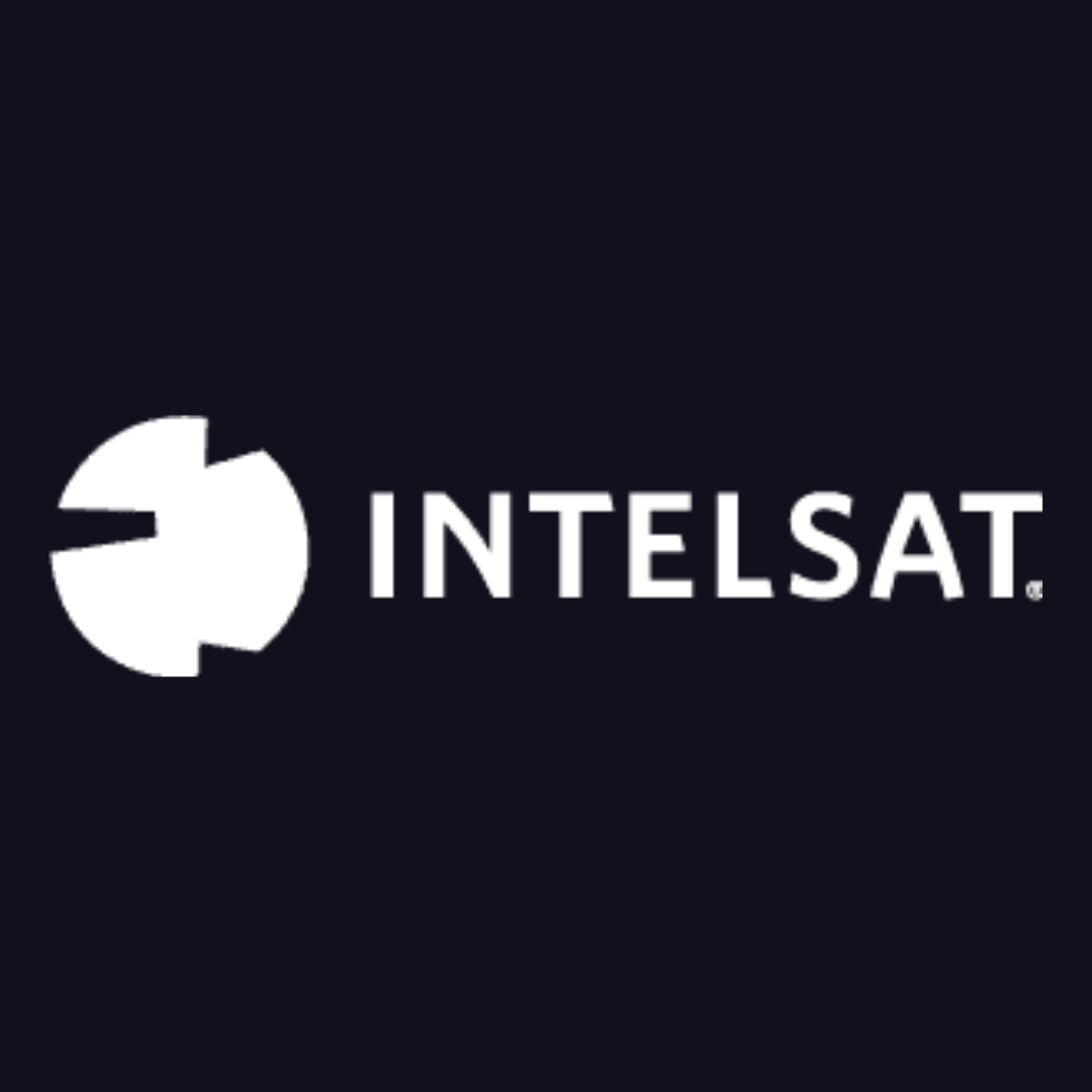 a white intelsat logo on a dark blue background