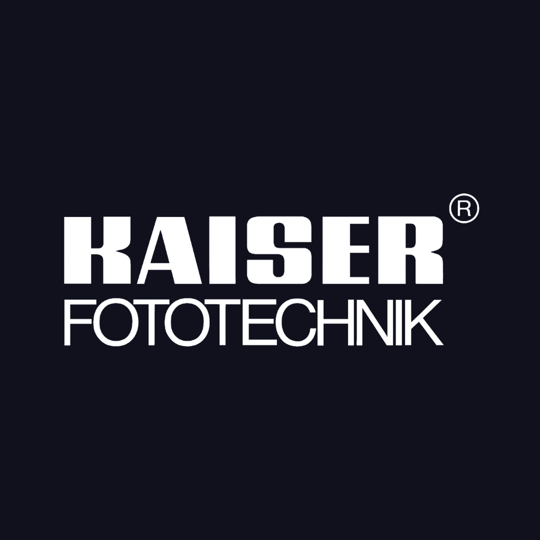 the kaiser fototechnik logo is white on a black background .