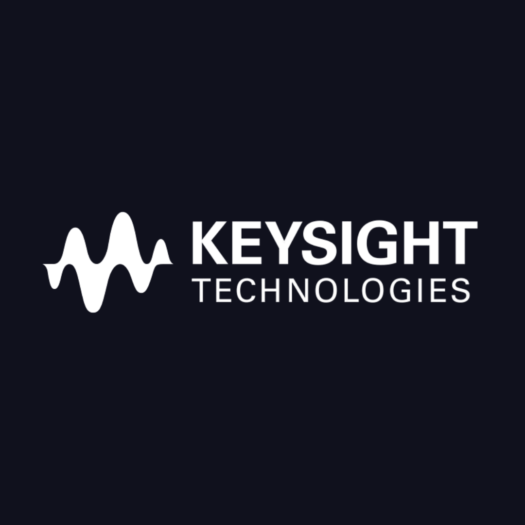 the keysight technologies logo is white on a dark blue background .