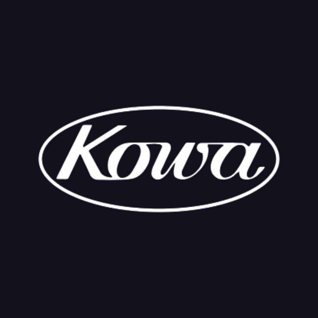 a white kowa logo on a black background