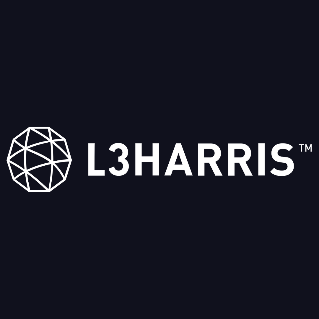 the logo for l3 harris is white on a dark blue background .