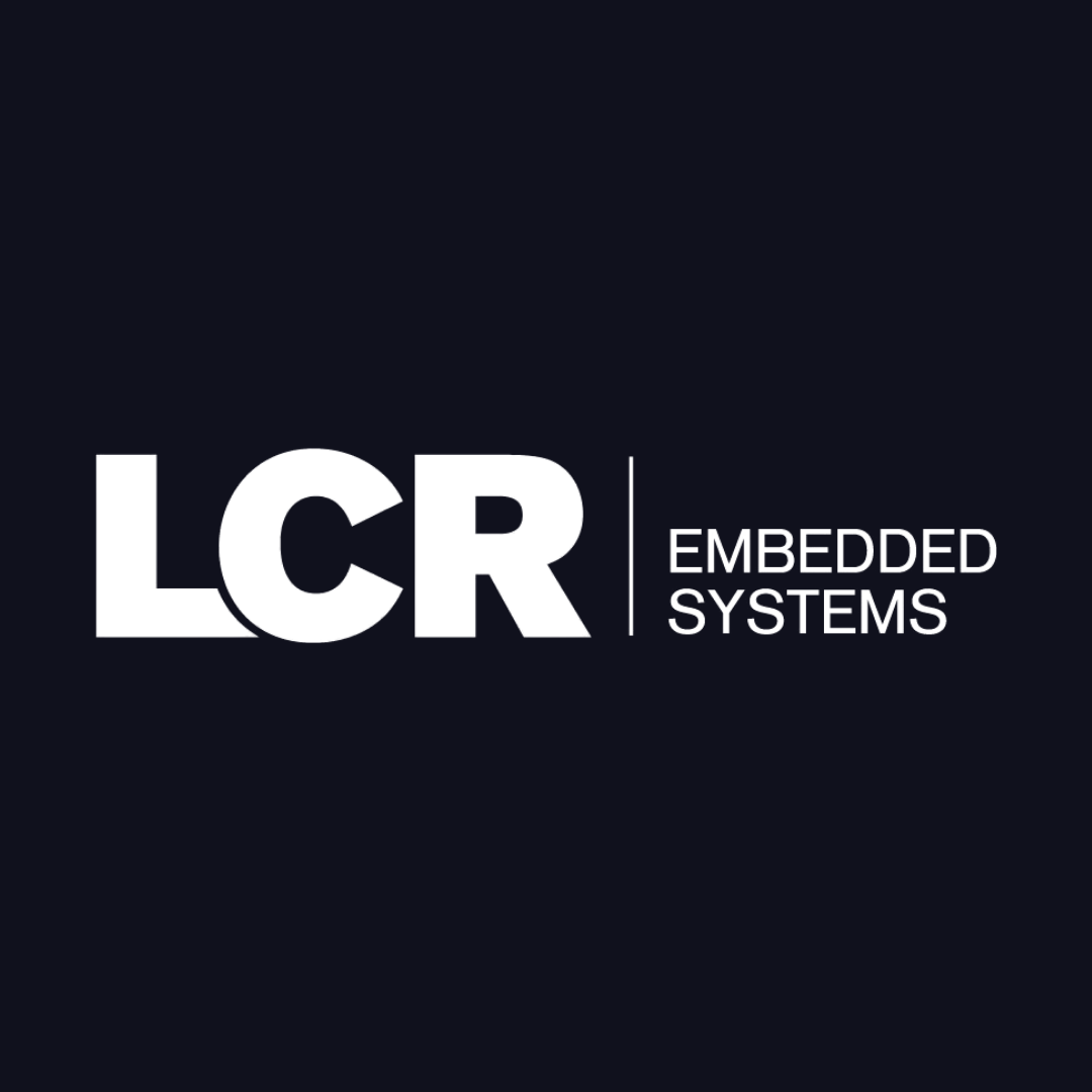 the logo for lcr embedded systems is white on a black background .