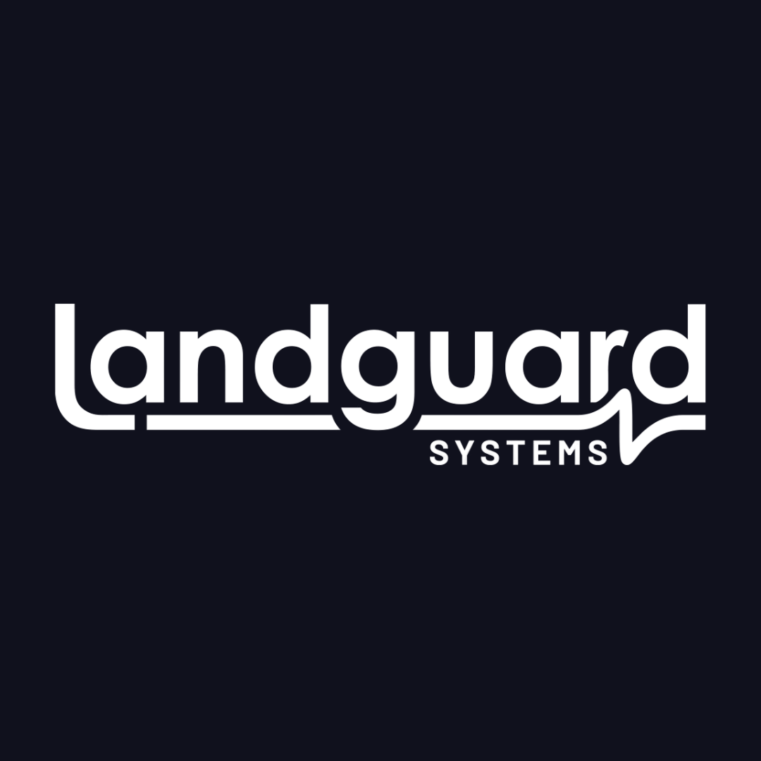 the logo for landguard systems is white on a black background .