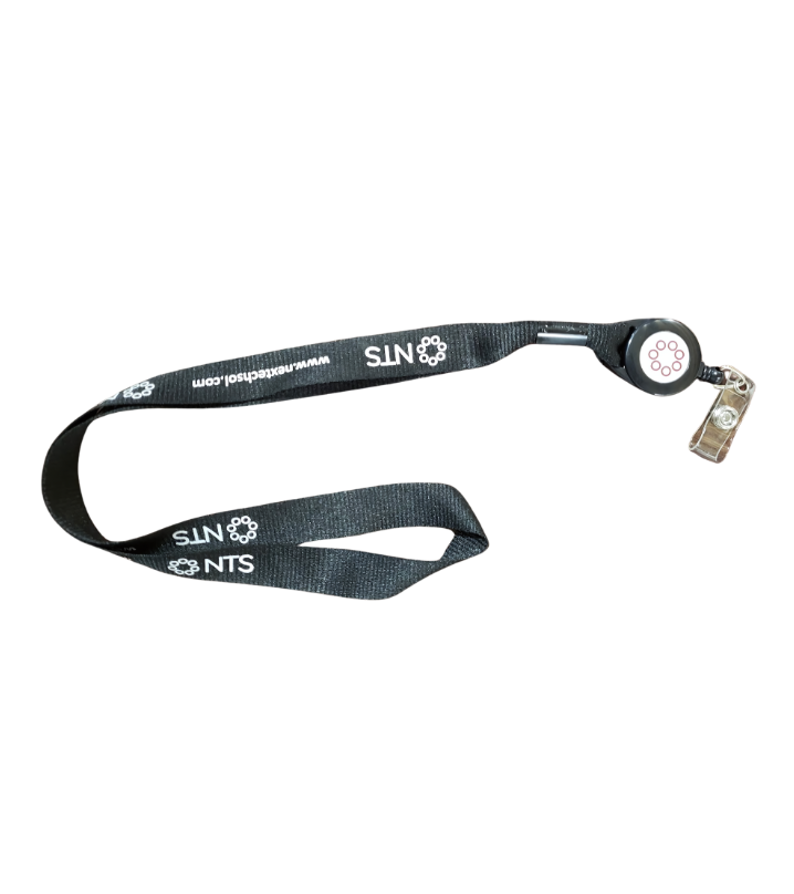 A black lanyard with a clip attached to it on a white background.