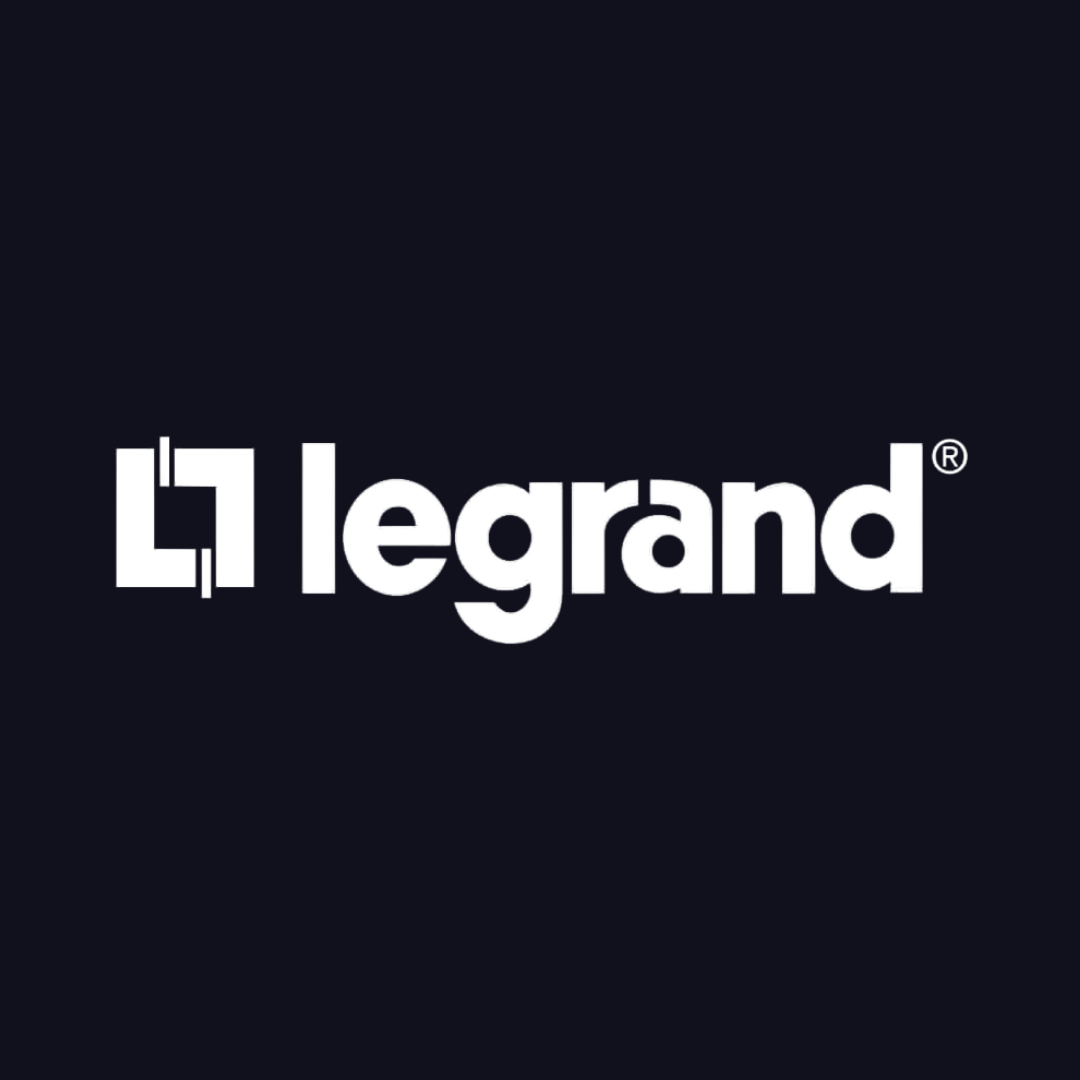 the legrand logo is white on a black background .
