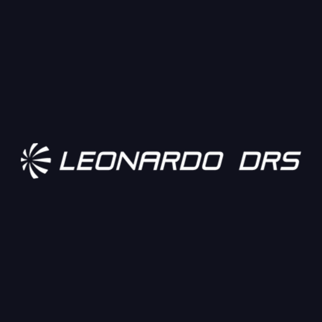 leonardo drs logo on a dark blue background