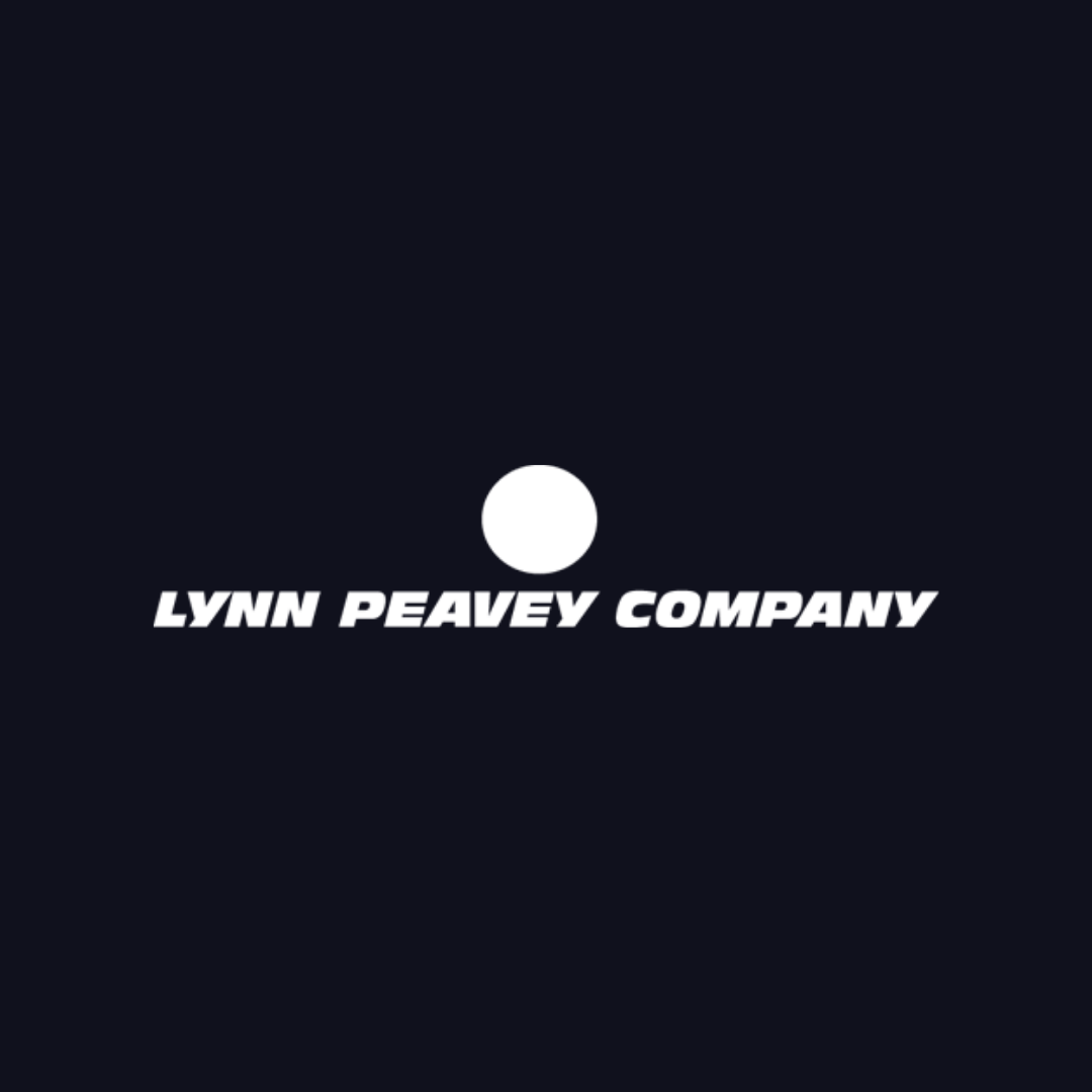the logo for lynn peavey company is a white circle on a black background .