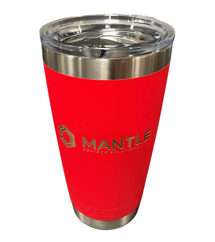 A red tumbler with the word mantle on it