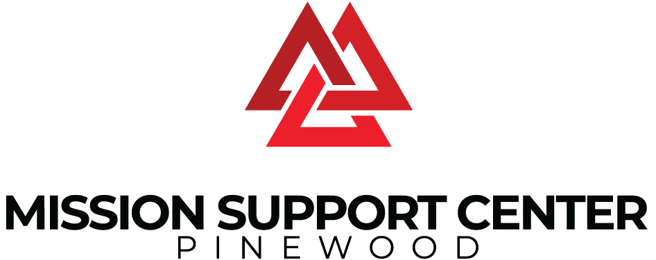 a logo for mission support center pinewood with a red triangle on a white background .