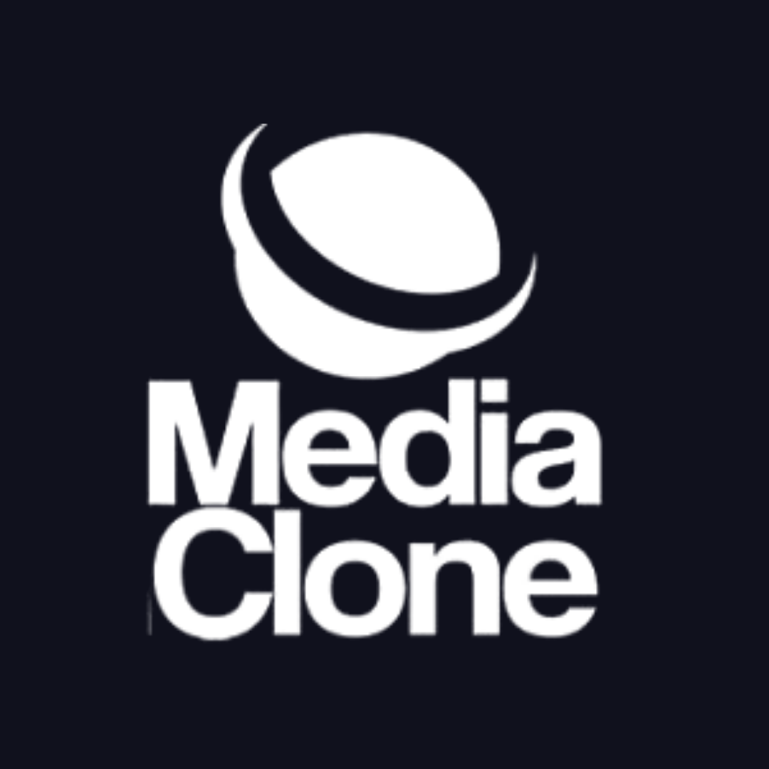 a black and white logo for media clone
