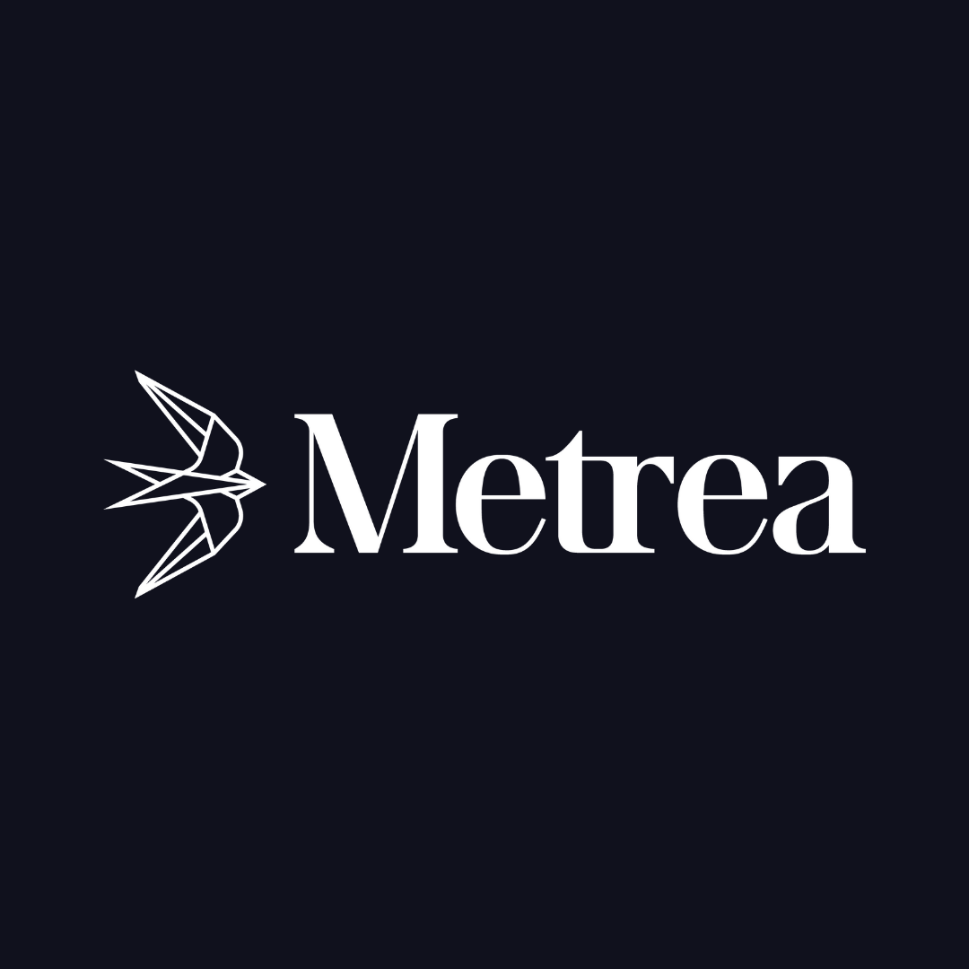 the metrea logo is white on a dark blue background .